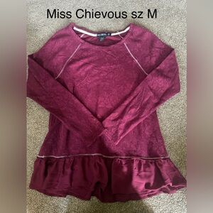 Miss Chevious Burgundy Lace Ruffle Hem Top Sz M. This shirt is so cute